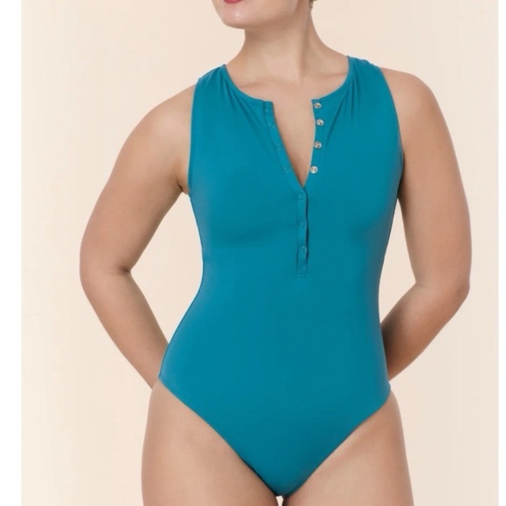 Andie Swim Malibu Teal Button-Front One-Piece Swimsuit Medium Long Torso